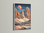 This mountain moon canvas print is beautifully framed in white. The winter landscape artwork adds a fresh touch to any room. Peach and teal hues blend seamlessly in this modern art piece. Enhance your home decor with this elegant nature print. A perfect addition to alpine or chalet-inspired spaces.