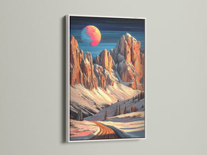 This mountain moon canvas print is beautifully framed in white. The winter landscape artwork adds a fresh touch to any room. Peach and teal hues blend seamlessly in this modern art piece. Enhance your home decor with this elegant nature print. A perfect addition to alpine or chalet-inspired spaces.