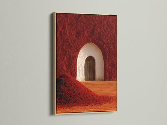 This is a desert arch art piece in an oak frame. The terracotta wall art brings a modern Southwestern vibe. Ideal for those seeking earth tone prints or boho wall decor. A stunning abstract canvas for any space.