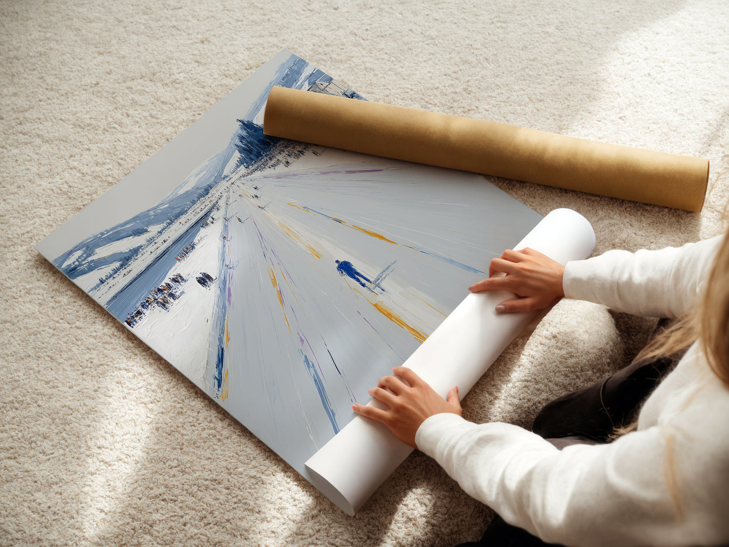 A woman carefully rolls a fine art poster paper of the Winter Cityscape artwork. This cool-toned minimalist art is perfect for various decor styles. Ideal for adding a touch of winter to living rooms bedrooms offices and more. Enhance your space with this print.