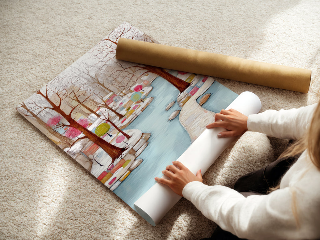 A woman is carefully rolling a fine art poster paper. This ensures the Winter Garden artwork arrives in perfect condition. The pastel color art is ready to be framed. This colorful art print is waiting for you. Order yours today.