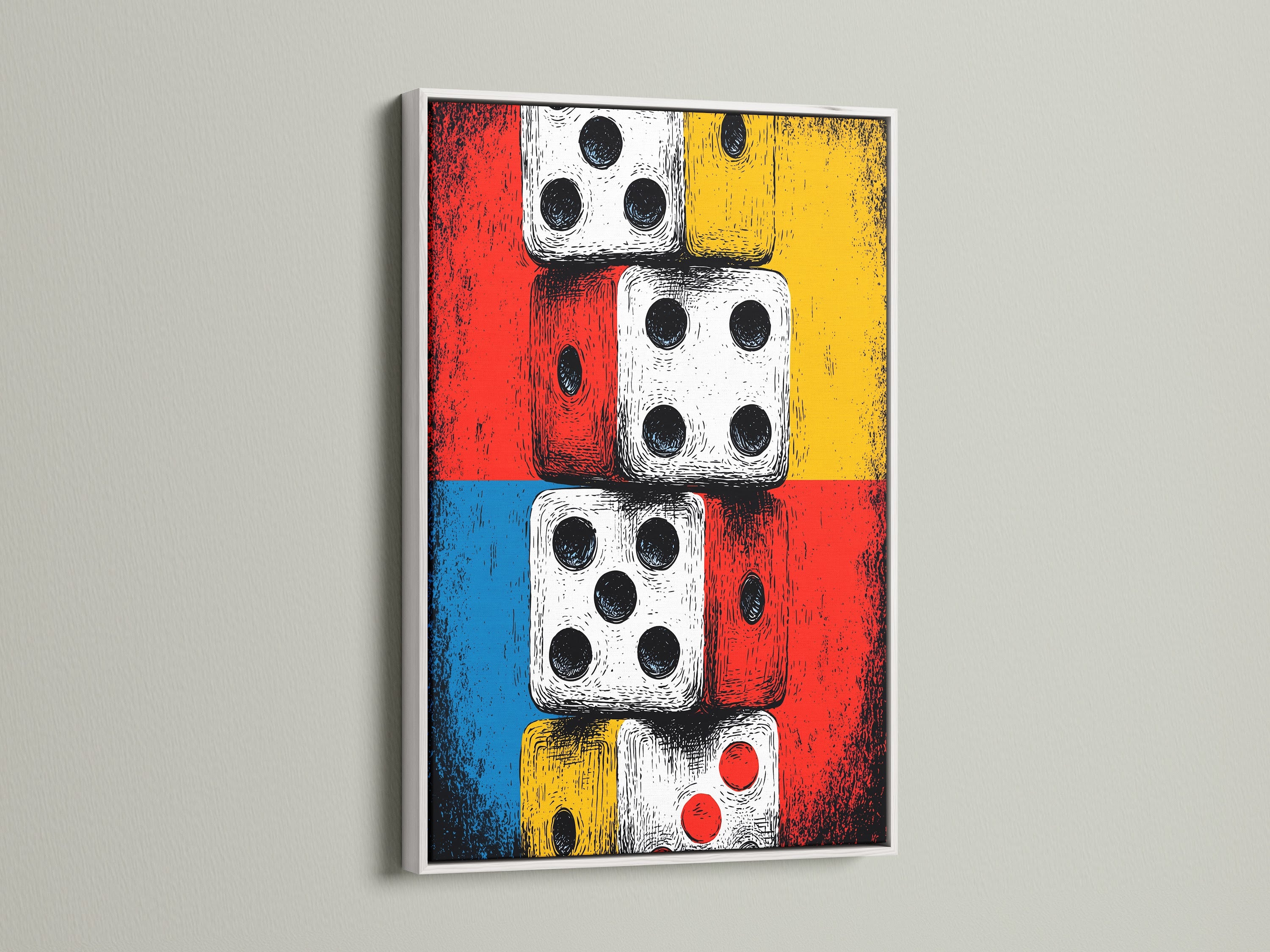 Dice artwork is encased in a clean white frame. This piece would complement modern or vintage-inspired spaces. The artwork's bold colors make it a standout piece. Perfect for adding a playful touch to your game room. It is also great for a man cave. The artwork is also ideal for office decor.