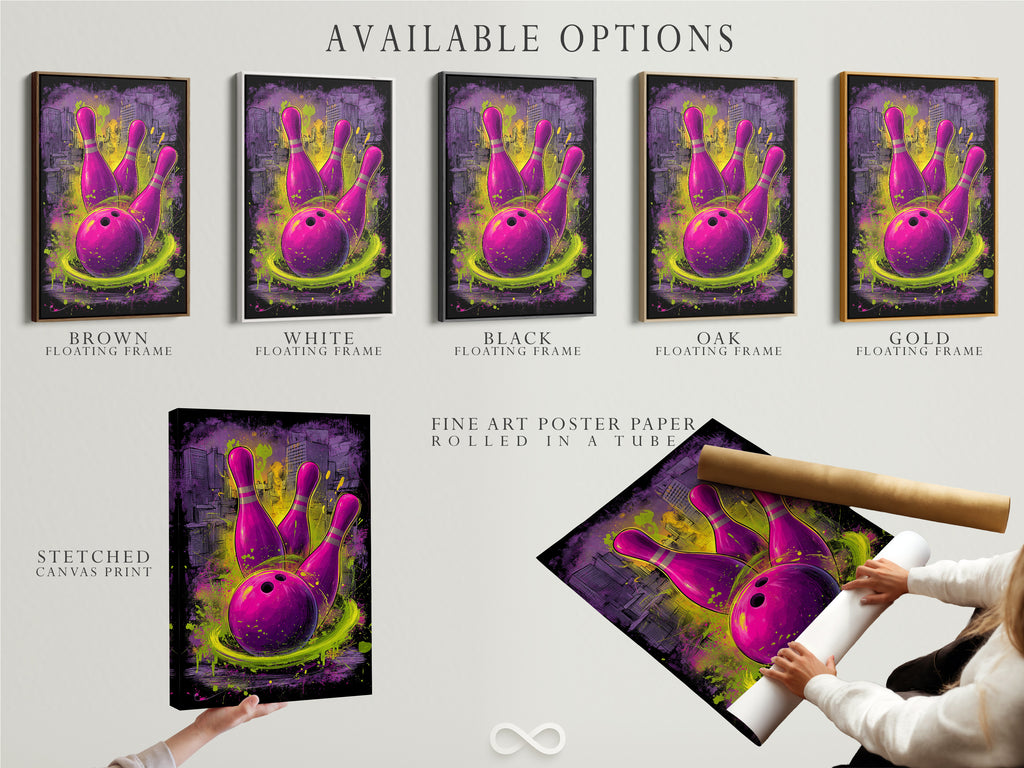 Explore available options for bowling art. Choose from a stretched canvas print fine art poster paper or a floating frame. The purple and green graffiti artwork suits any style. Enhance your game room or man cave with the perfect urban sports wall decor tailored to your taste.