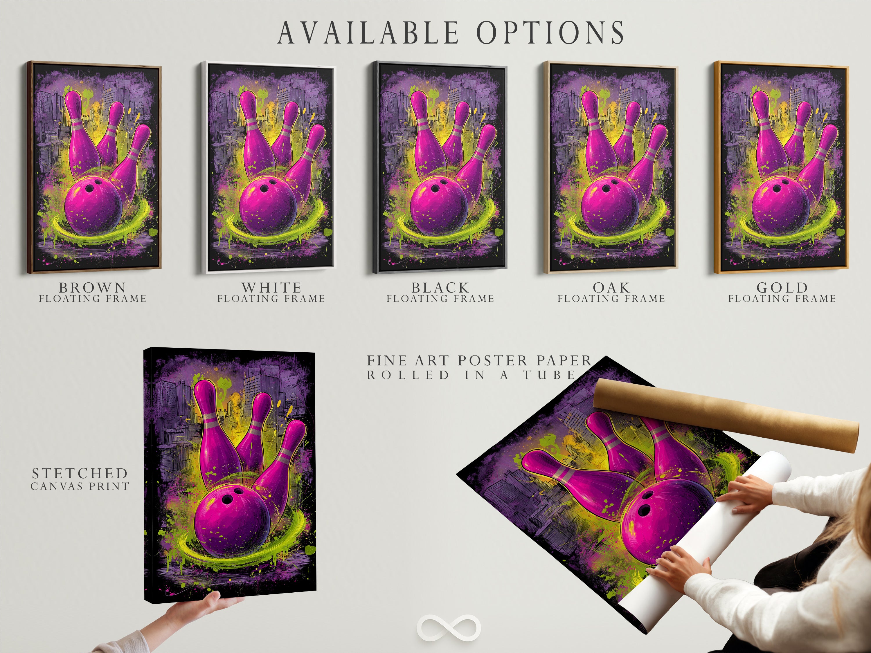 Explore available options for bowling art. Choose from a stretched canvas print fine art poster paper or a floating frame. The purple and green graffiti artwork suits any style. Enhance your game room or man cave with the perfect urban sports wall decor tailored to your taste.