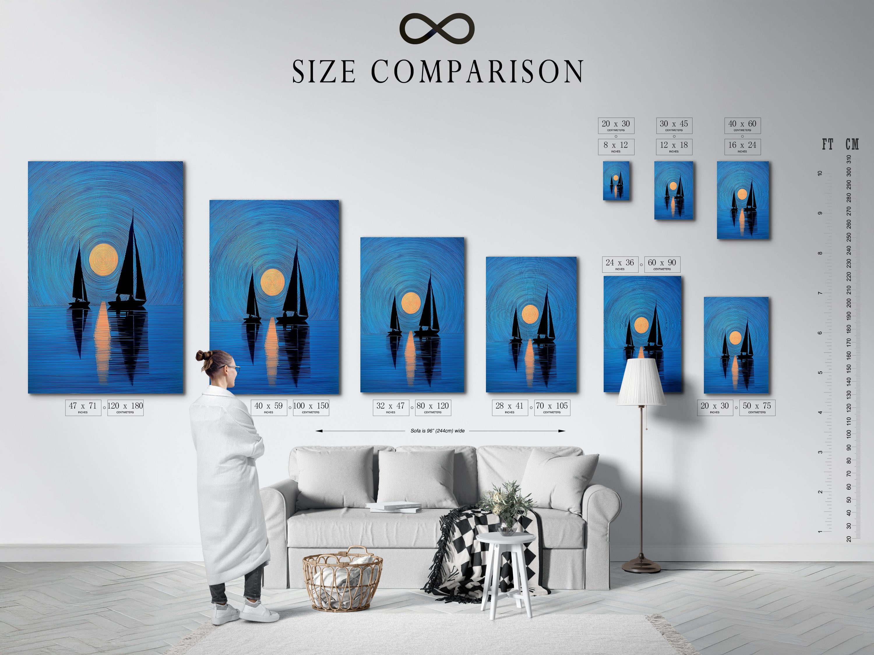 A size comparison chart is shown in an interior setting. The nautical artwork with navy blue sailboats and a sunset is visible. Get the perfect size for your coastal art. This print is ideal for bedroom decor or living room wall art. Complements minimalist Scandinavian or coastal styles.