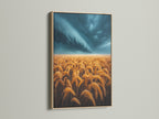 Wheat Field artwork in an oak frame. This piece features a golden wheat field under a dramatic stormy sky. It is ideal for adding rustic charm to any space. A wonderful choice for Farmhouse wall art.
