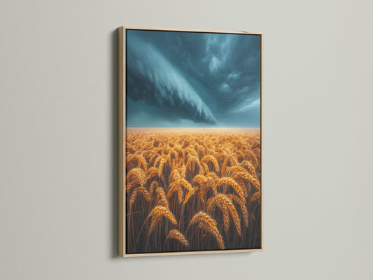 Wheat Field artwork in an oak frame. This piece features a golden wheat field under a dramatic stormy sky. It is ideal for adding rustic charm to any space. A wonderful choice for Farmhouse wall art.