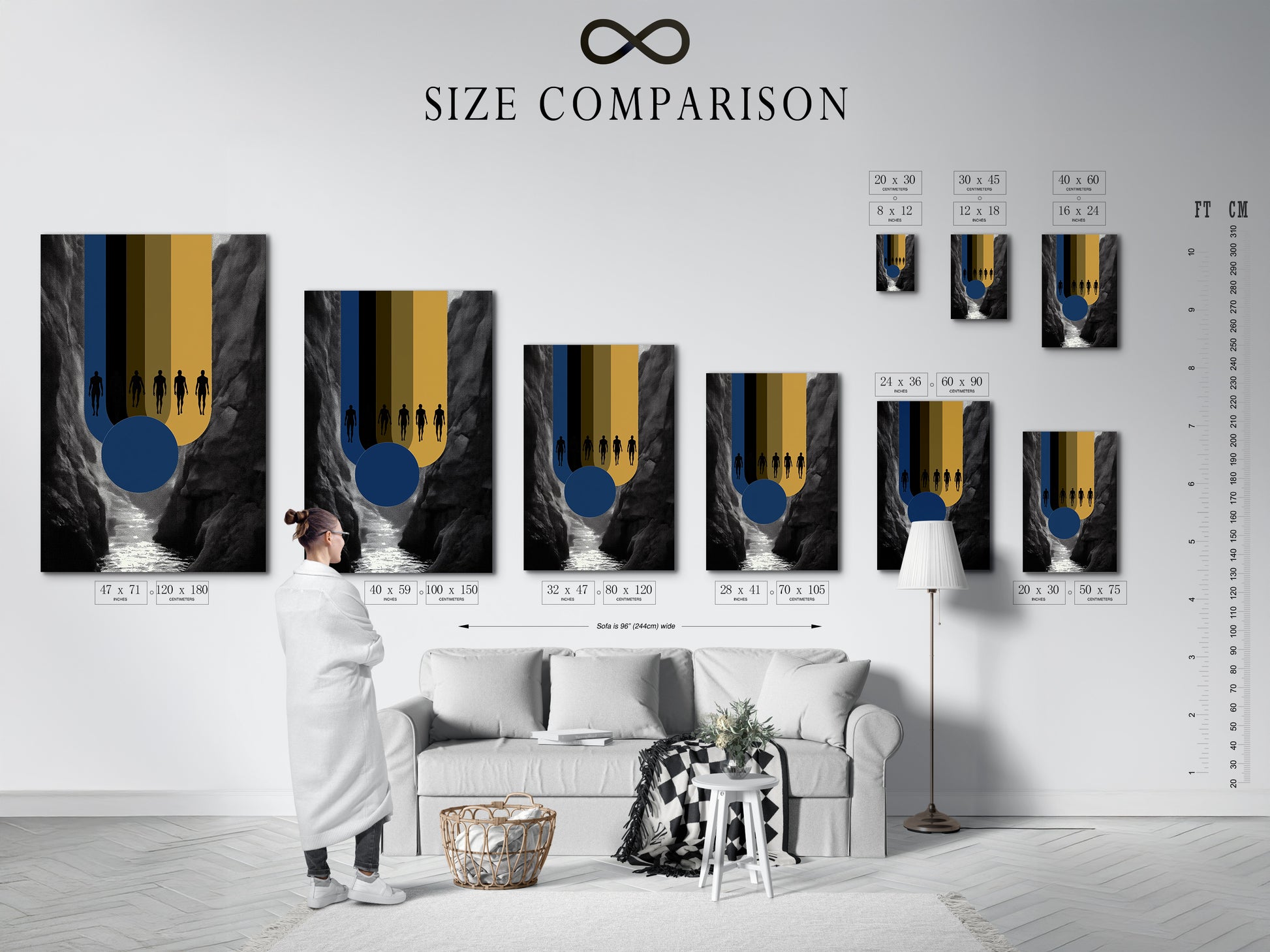 Size comparison chart in an interior setting. This shows how the abstract figures canvas print looks in different sizes. Helping you visualize the perfect fit for your living room bedroom or office wall decor.