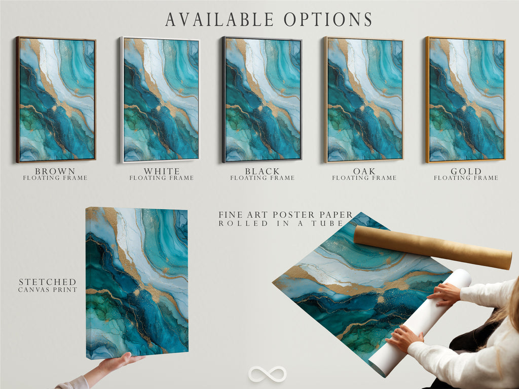 Available options include stretched canvas print fine art poster paper and a floating frame. Choose the perfect option to match your style. Customize the teal blue and gold abstract ocean artwork. This is perfect for modern wall art.