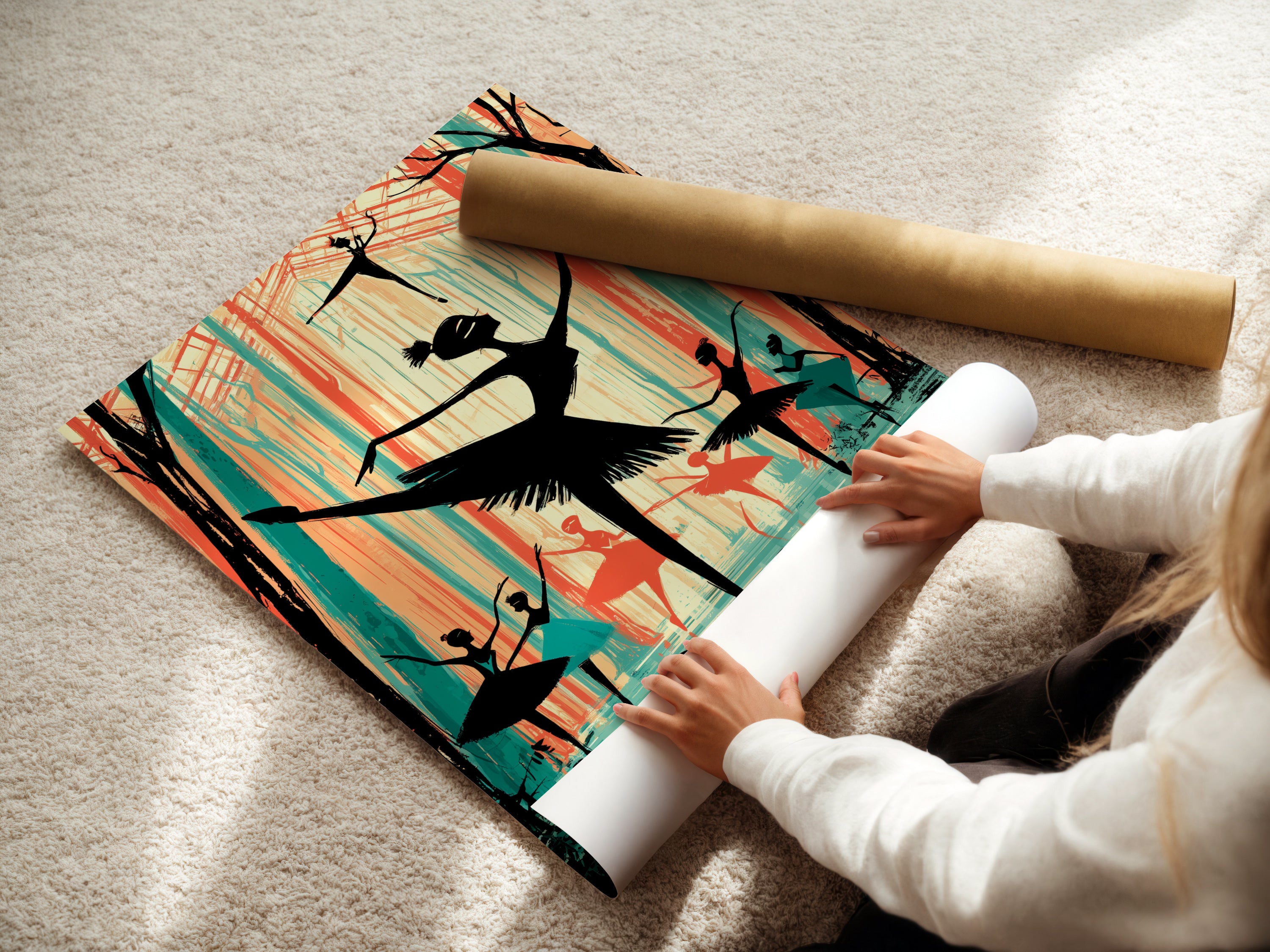 A woman is carefully rolling a fine art poster paper. The ballerina artwork is printed on high-quality material. It ensures vibrant colors and lasting beauty. This is perfect for dance enthusiasts.