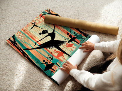 A woman is carefully rolling a fine art poster paper. The ballerina artwork is printed on high-quality material. It ensures vibrant colors and lasting beauty. This is perfect for dance enthusiasts.