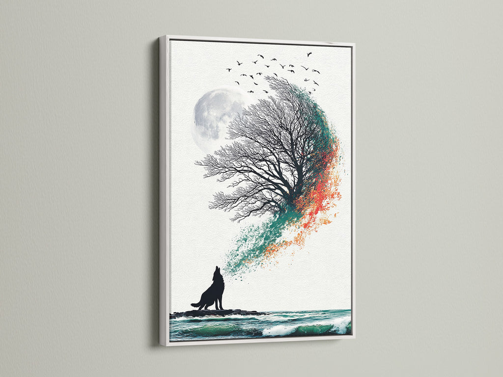 A white frame enhances this wolf and moon canvas. The fine art print is displayed beautifully. This is perfect for coastal wall art. The teal and orange artwork complements any room. It's ideal bedroom art. Nature canvas is a great option.