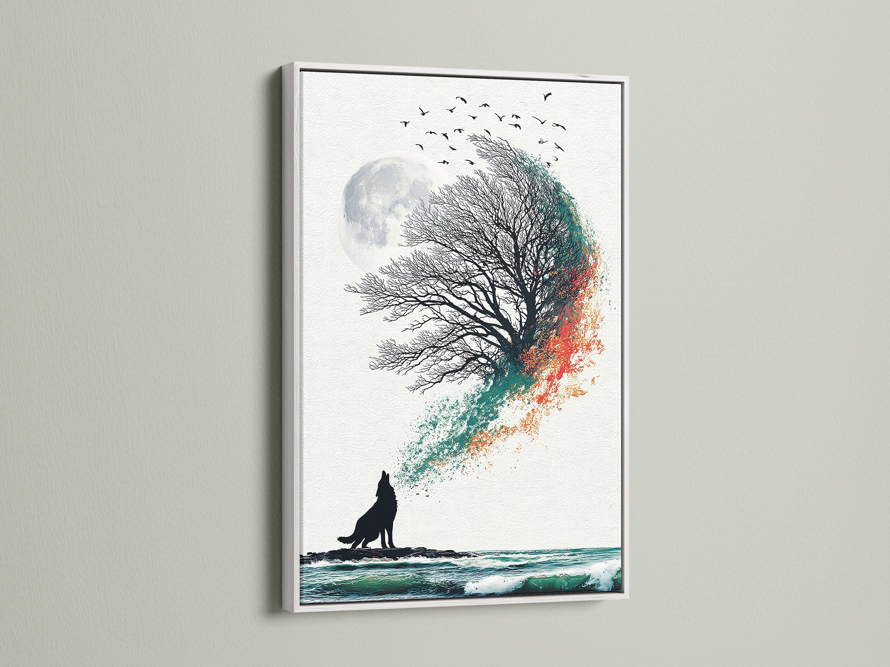 A white frame enhances this wolf and moon canvas. The fine art print is displayed beautifully. This is perfect for coastal wall art. The teal and orange artwork complements any room. It's ideal bedroom art. Nature canvas is a great option.