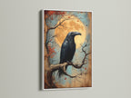 Raven artwork in a white frame. This piece brings a touch of victorian print style to your walls. The black raven stands out against the light background. Enhance your study room art with this occult poster. It's perfect for witchy decor.