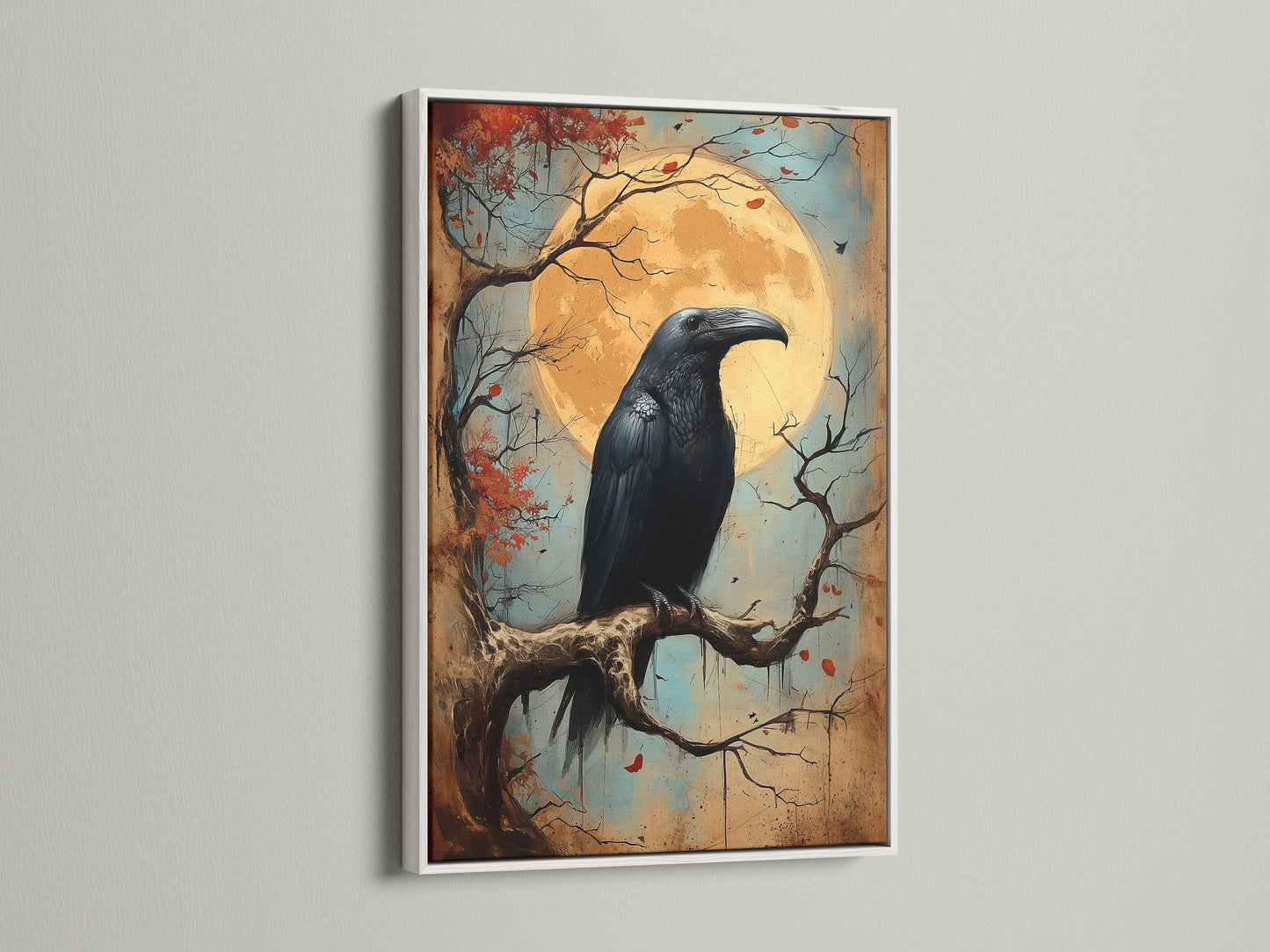 Raven artwork in a white frame. This piece brings a touch of victorian print style to your walls. The black raven stands out against the light background. Enhance your study room art with this occult poster. It's perfect for witchy decor.
