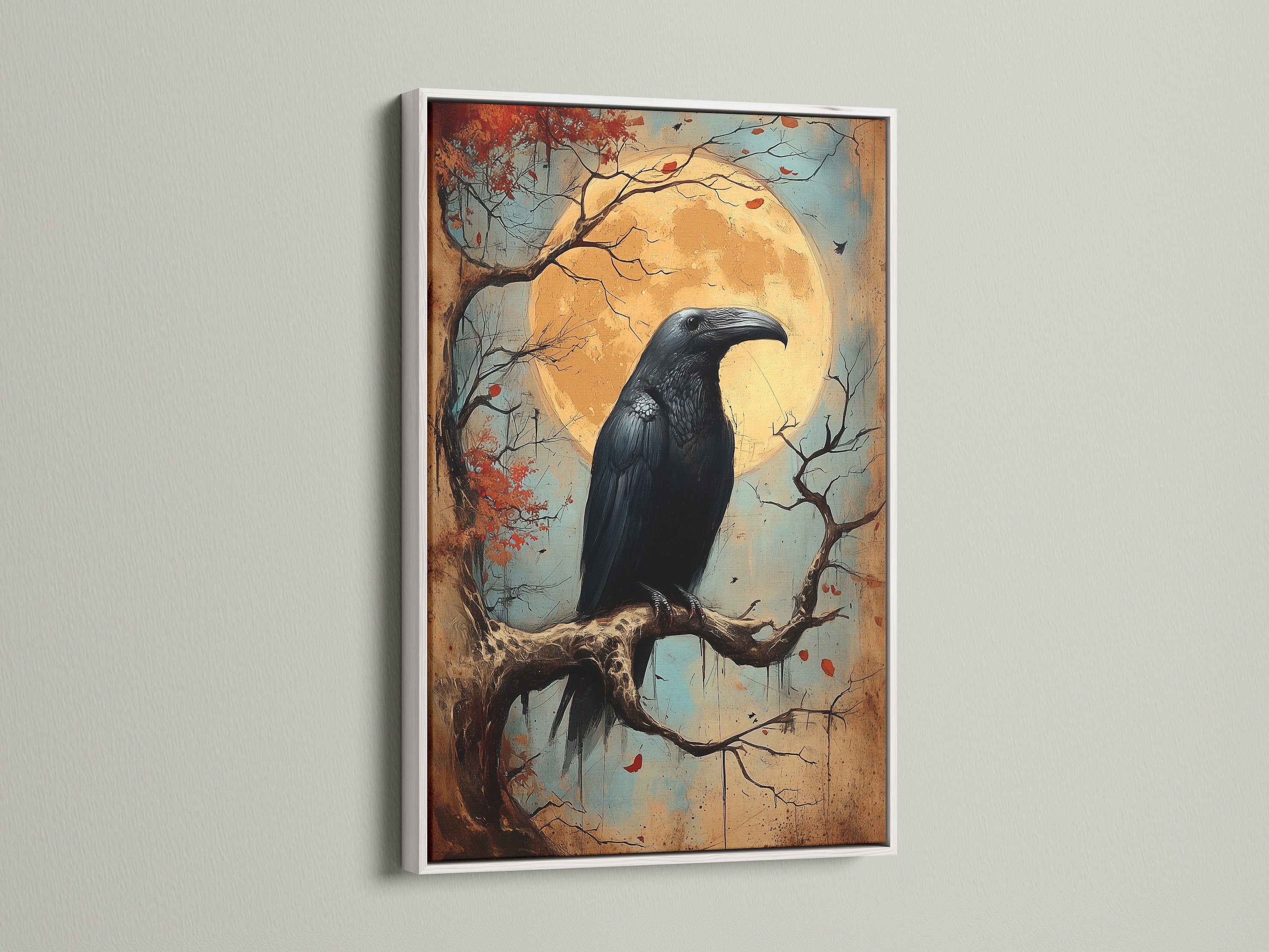 Raven artwork in a white frame. This piece brings a touch of victorian print style to your walls. The black raven stands out against the light background. Enhance your study room art with this occult poster. It's perfect for witchy decor.