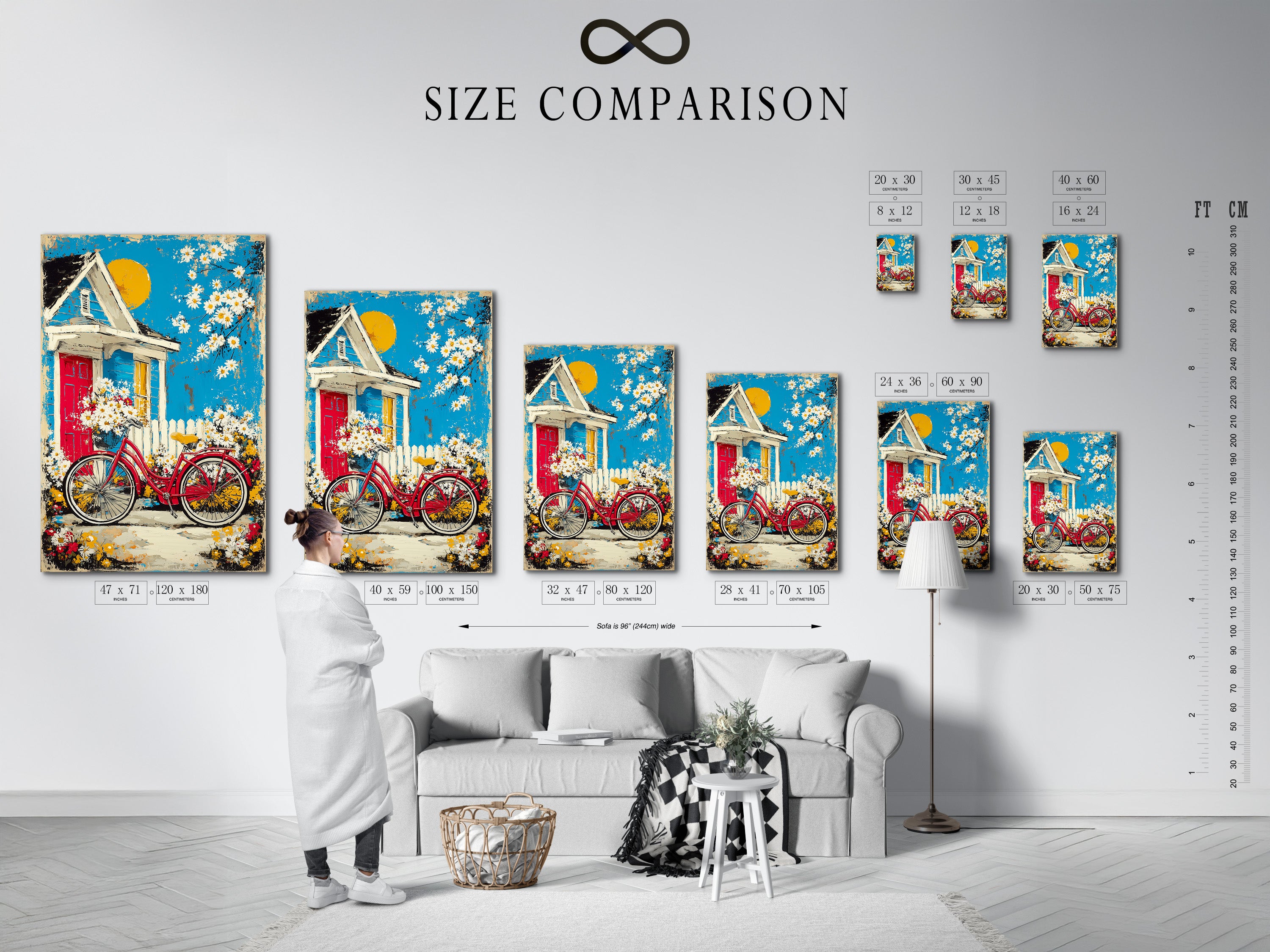 A size comparison chart is displayed in an interior setting. The chart shows various sizes of the Cottage Garden artwork. The artwork features a vintage red bicycle with a flower basket. This chart helps visualize the perfect size for your space.