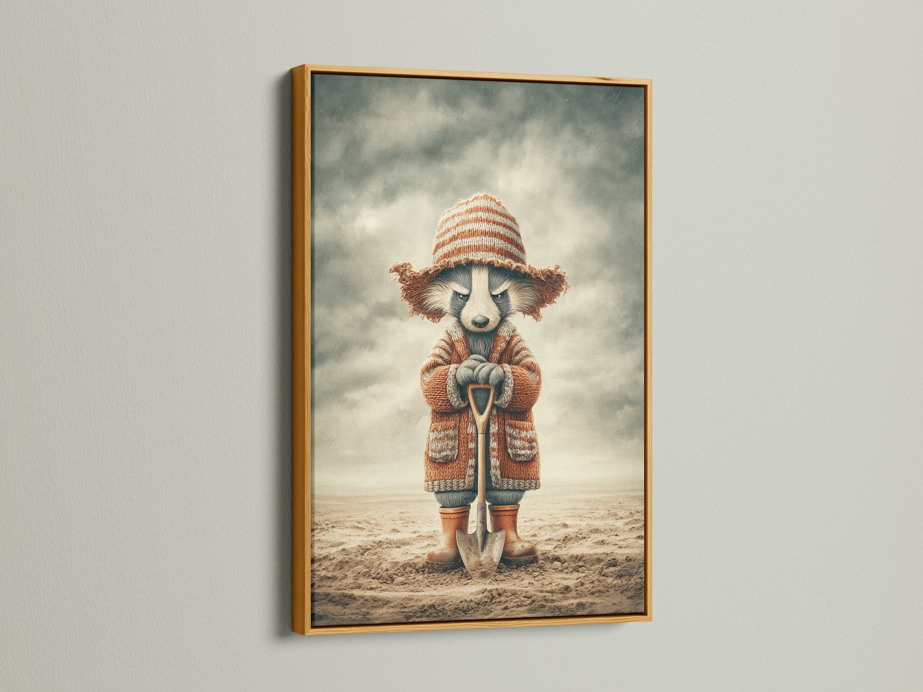 The whimsical raccoon artwork print is highlighted by a gold frame. This cute animal print adds a touch of elegance. Perfect for nursery wall decor or a stylish office. Bring cozy woodland charm to your home. It's great for kids room wall art.