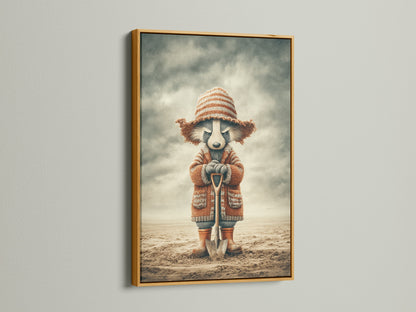 The whimsical raccoon artwork print is highlighted by a gold frame. This cute animal print adds a touch of elegance. Perfect for nursery wall decor or a stylish office. Bring cozy woodland charm to your home. It's great for kids room wall art.