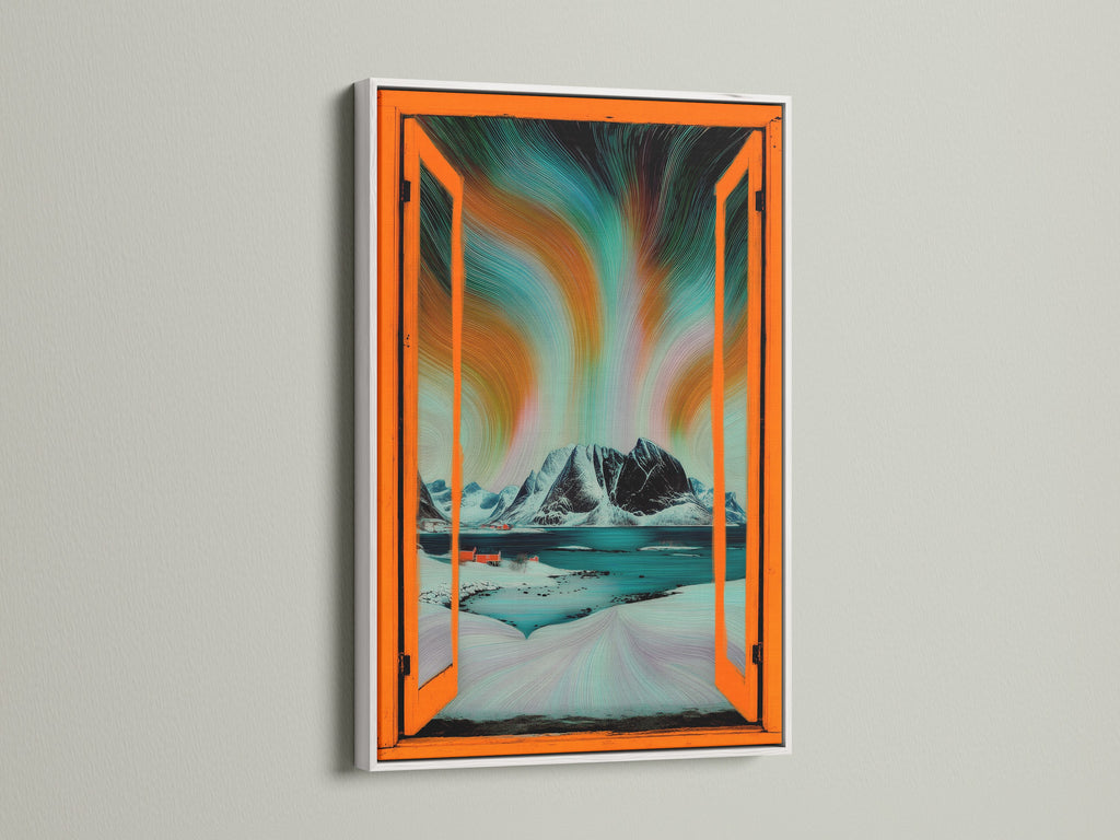 A white frame presents Aurora Borealis artwork.  This Nordic landscape wall art offers an open window view. Teal and orange colors create a modern home art piece. The frame complements the winter landscape beautifully.