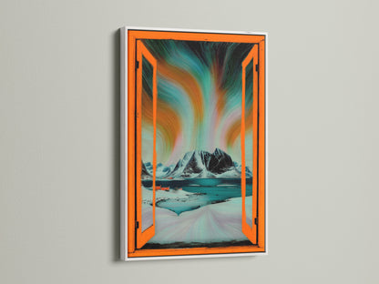 A white frame presents Aurora Borealis artwork.  This Nordic landscape wall art offers an open window view. Teal and orange colors create a modern home art piece. The frame complements the winter landscape beautifully.