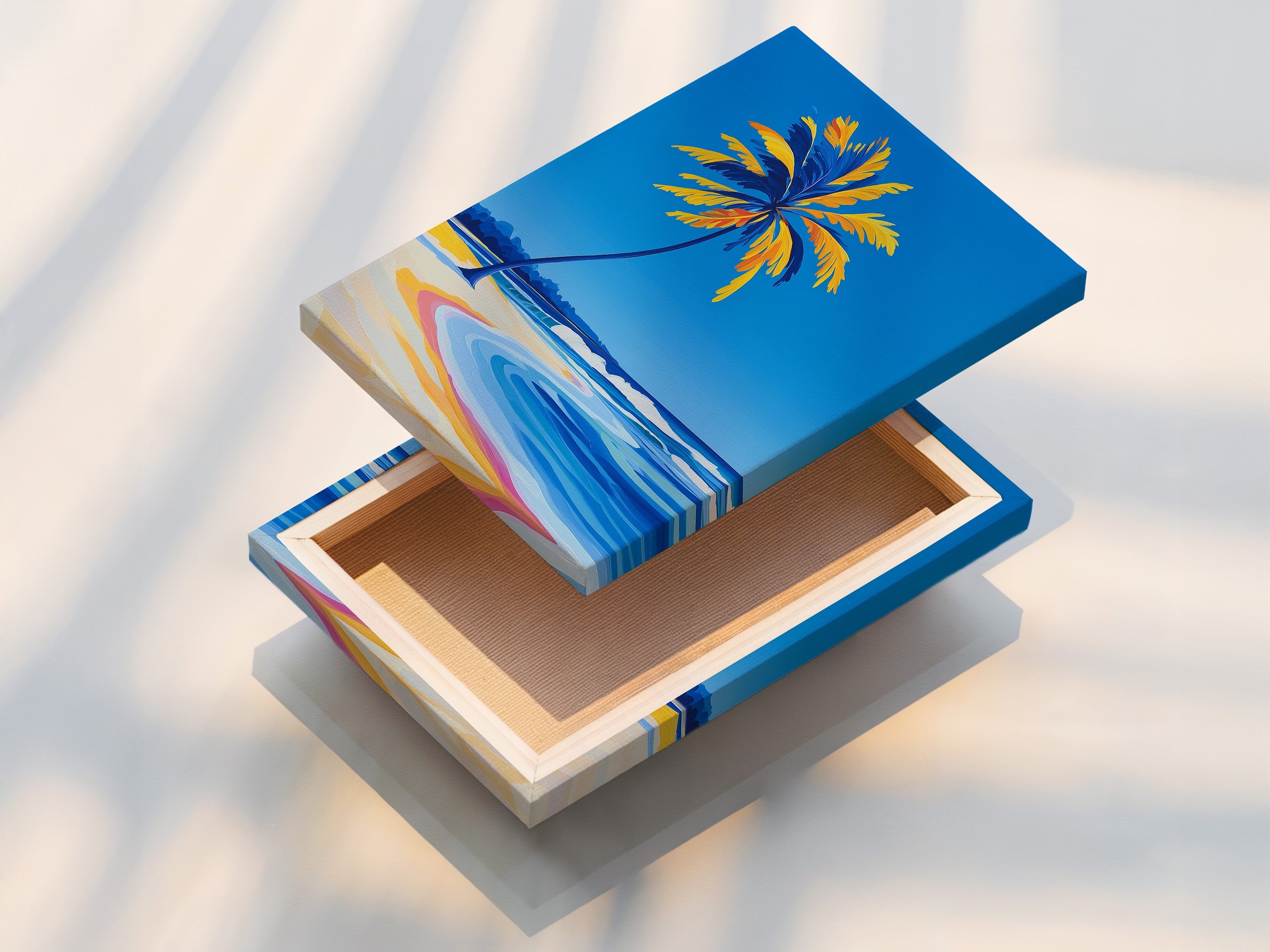 This is a stretched canvas print of Palm Tree Beach artwork. It is ready to hang and bring a tropical coastal vibe to your home. The stretched canvas enhances the ocean wave art. It is perfect for creating a relaxing beach-themed space.  This is a beautiful and vibrant nautical artwork.