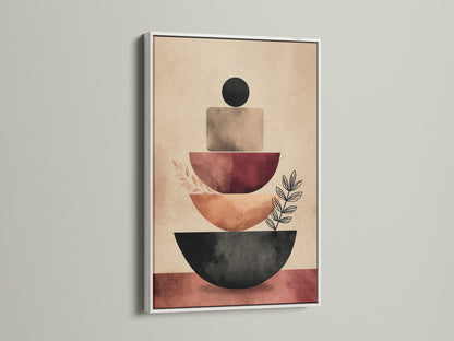 A white frame displays abstract shapes. The artwork features earth tone minimalist wall art. Geometric shapes create a modern artwork. This piece is perfect for office decor. The frame offers a clean look.