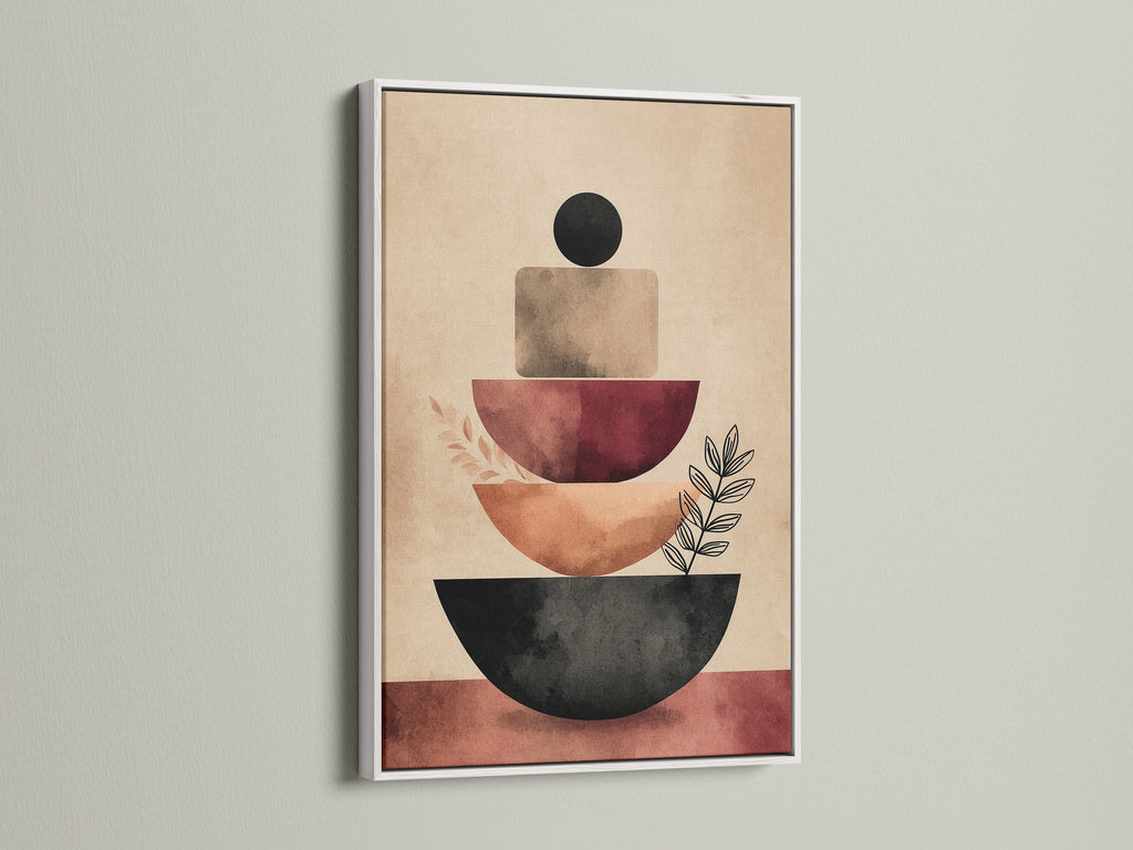 Abstract Shapes Canvas Print framed in White. The white frame enhances the art. Geometric artwork for minimalist home decor. Great for studios lobbies clinics and co-working spaces. Shop now.