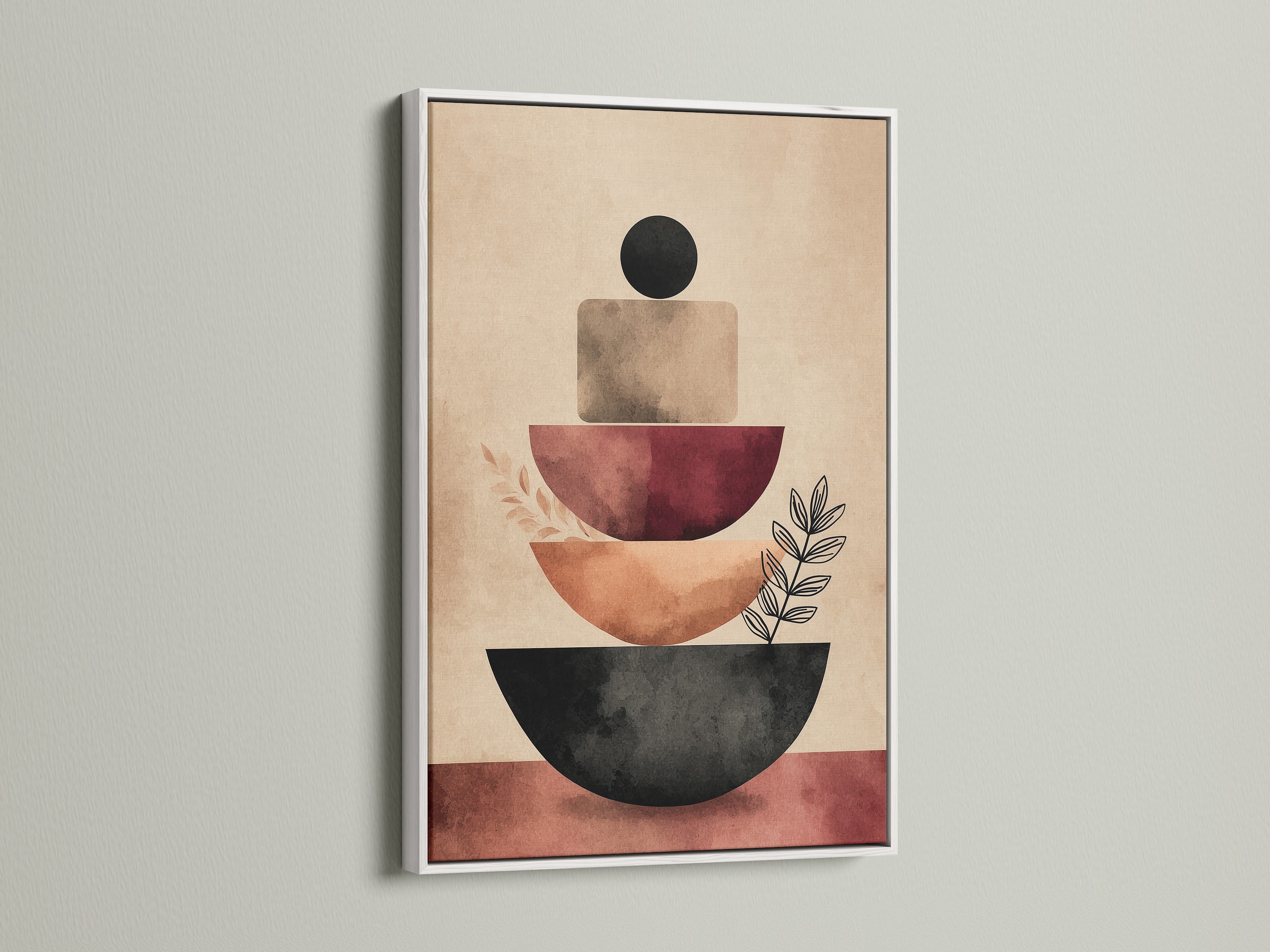 Abstract Shapes Canvas Print framed in White. The white frame enhances the art. Geometric artwork for minimalist home decor. Great for studios lobbies clinics and co-working spaces. Shop now.