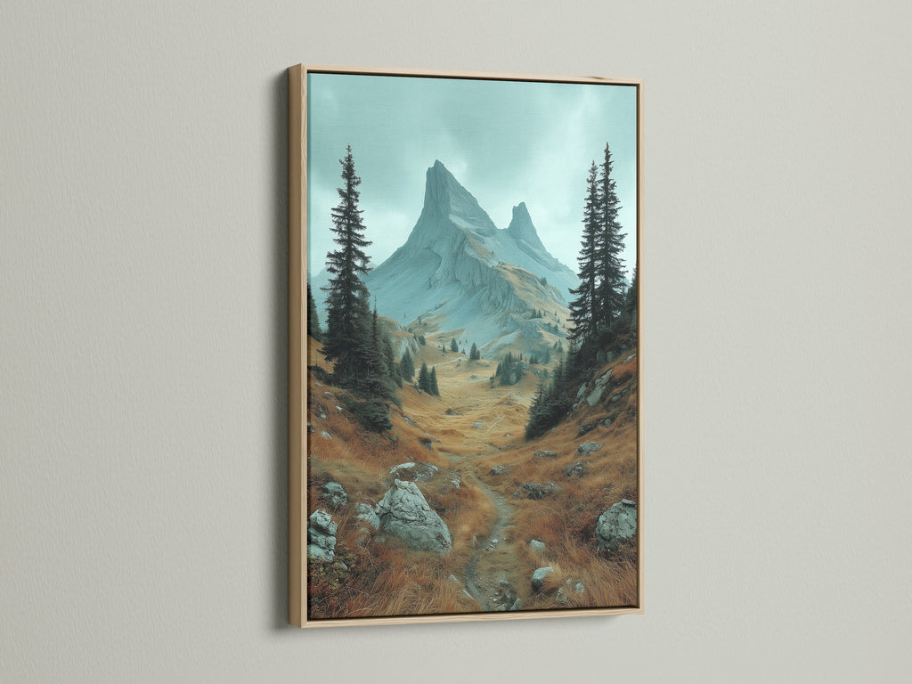 Oak frame mountain landscape artwork. This nature print showcases an alpine landscape ideal as rustic wall decor. The oak frame complements the earth tones and wilderness canvas. It is perfect for adding a touch of nature to any room.