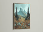 Oak frame mountain landscape artwork. This nature print showcases an alpine landscape ideal as rustic wall decor. The oak frame complements the earth tones and wilderness canvas. It is perfect for adding a touch of nature to any room.