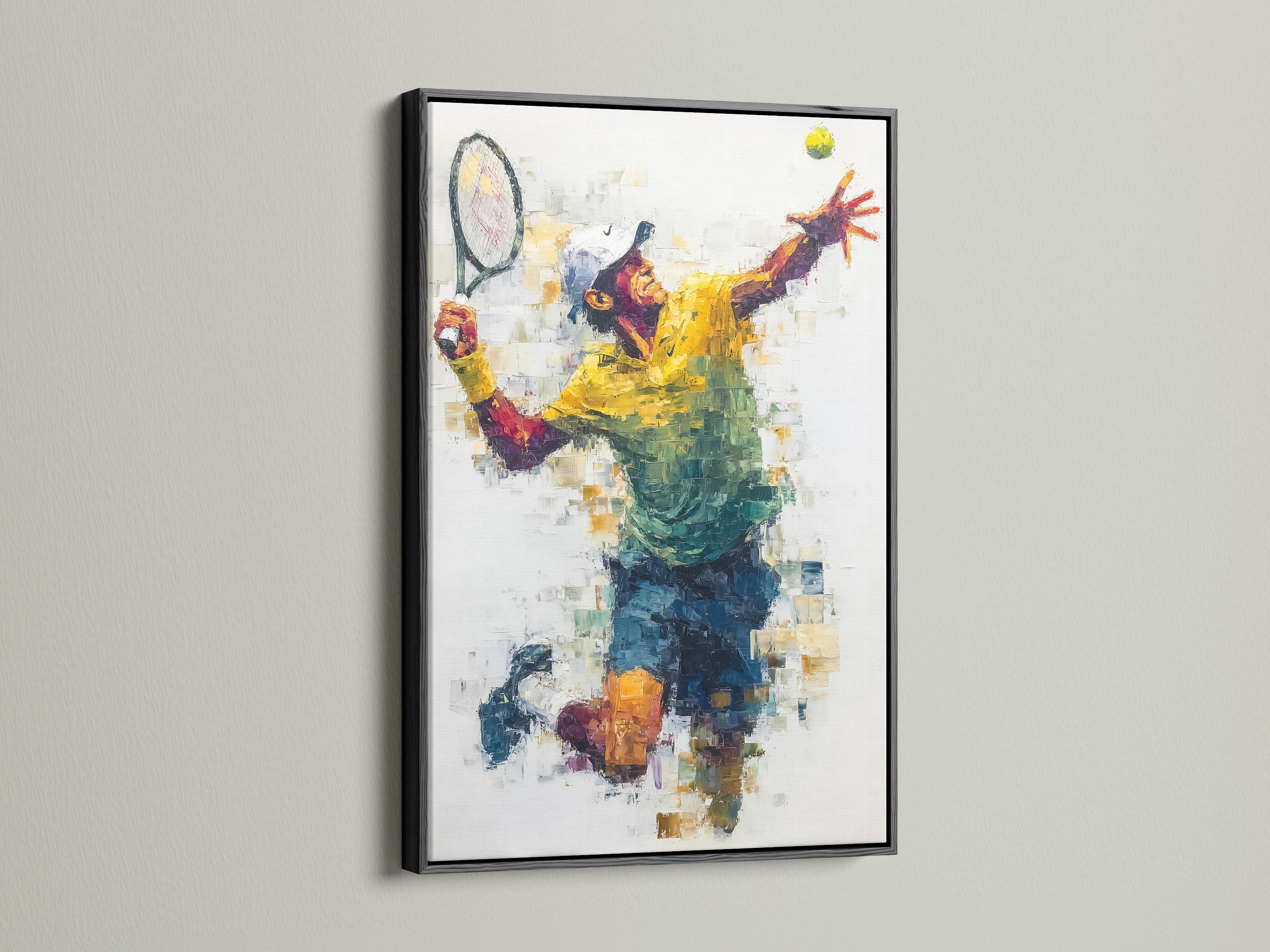 Make a bold statement with the Tennis Player Canvas Print in a sleek black frame. The black frame makes the colors pop. This athletic wall decor is ideal for modern spaces. The tennis artwork adds a dynamic touch to your gallery wall. Get sports art prints for your space.