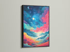 The fantasy landscape artwork is presented in a black frame. The colorful sky adds a modern touch to any room. The artwork includes pink teal and yellow elements. This art is displayed on a white wall. The black frame creates a striking contrast.