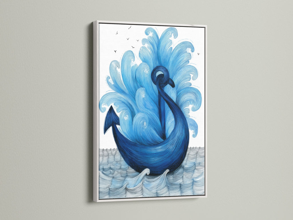 Discover our navy blue anchor artwork in a white frame. This coastal artwork brings a fresh nautical print vibe. The white frame enhances the ocean canvas. Perfect for sea themed art. Elevate your bathroom wall art with this piece. Ideal for a beach house or boat decor. Maritime art at its finest.