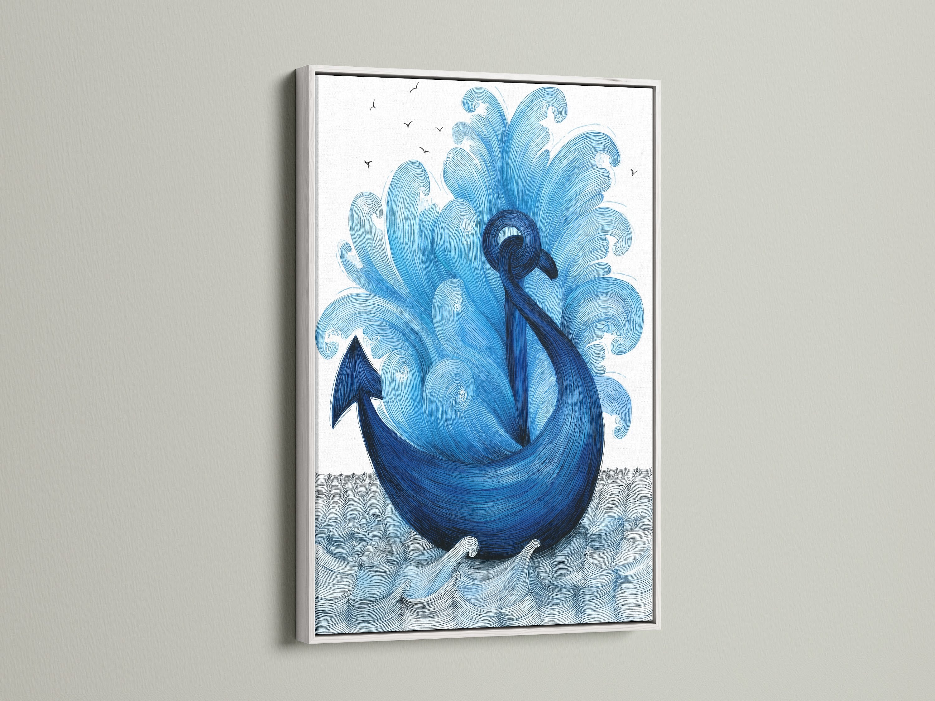 Discover our navy blue anchor artwork in a white frame. This coastal artwork brings a fresh nautical print vibe. The white frame enhances the ocean canvas. Perfect for sea themed art. Elevate your bathroom wall art with this piece. Ideal for a beach house or boat decor. Maritime art at its finest.