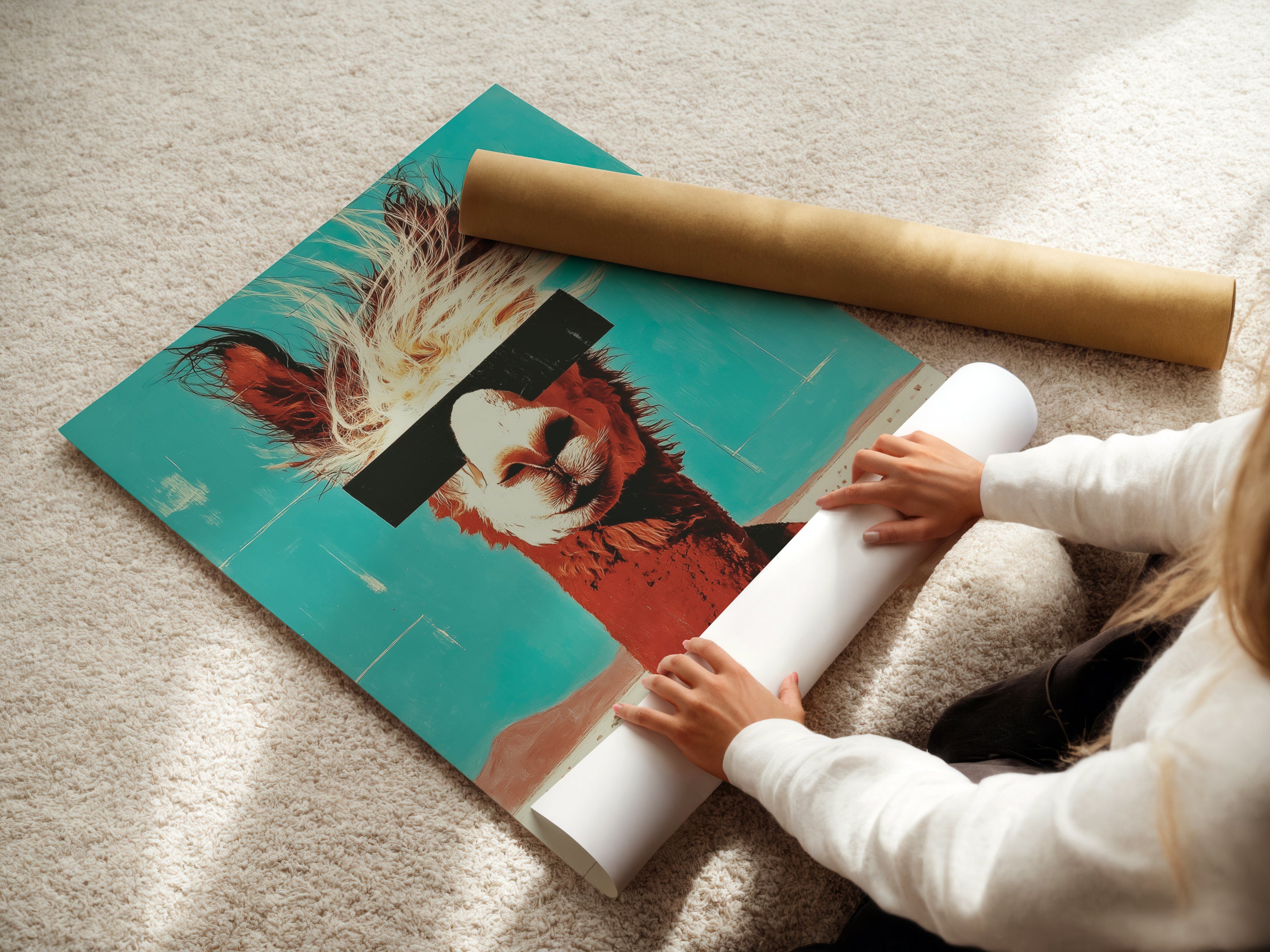 A woman is carefully rolling a fine art poster paper. The paper features a llama artwork. It is ready to be framed or hung as is. The poster showcases retro teal and orange colors.