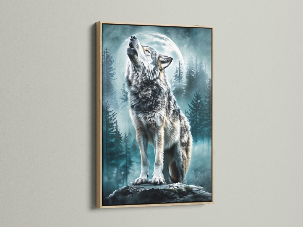 Elevate your artwork with an oak frame. This frame adds a touch of natural elegance. Notice the wolf howling at the moon art print. A striking piece to enhance any room. Shop our selection of oak-framed art now.