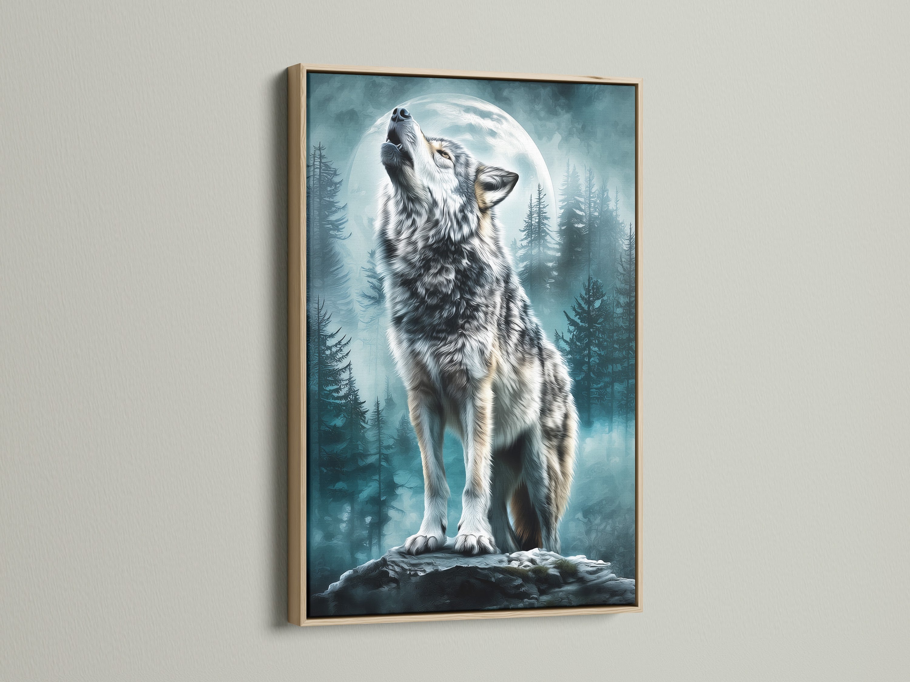 Elevate your artwork with an oak frame. This frame adds a touch of natural elegance. Notice the wolf howling at the moon art print. A striking piece to enhance any room. Shop our selection of oak-framed art now.