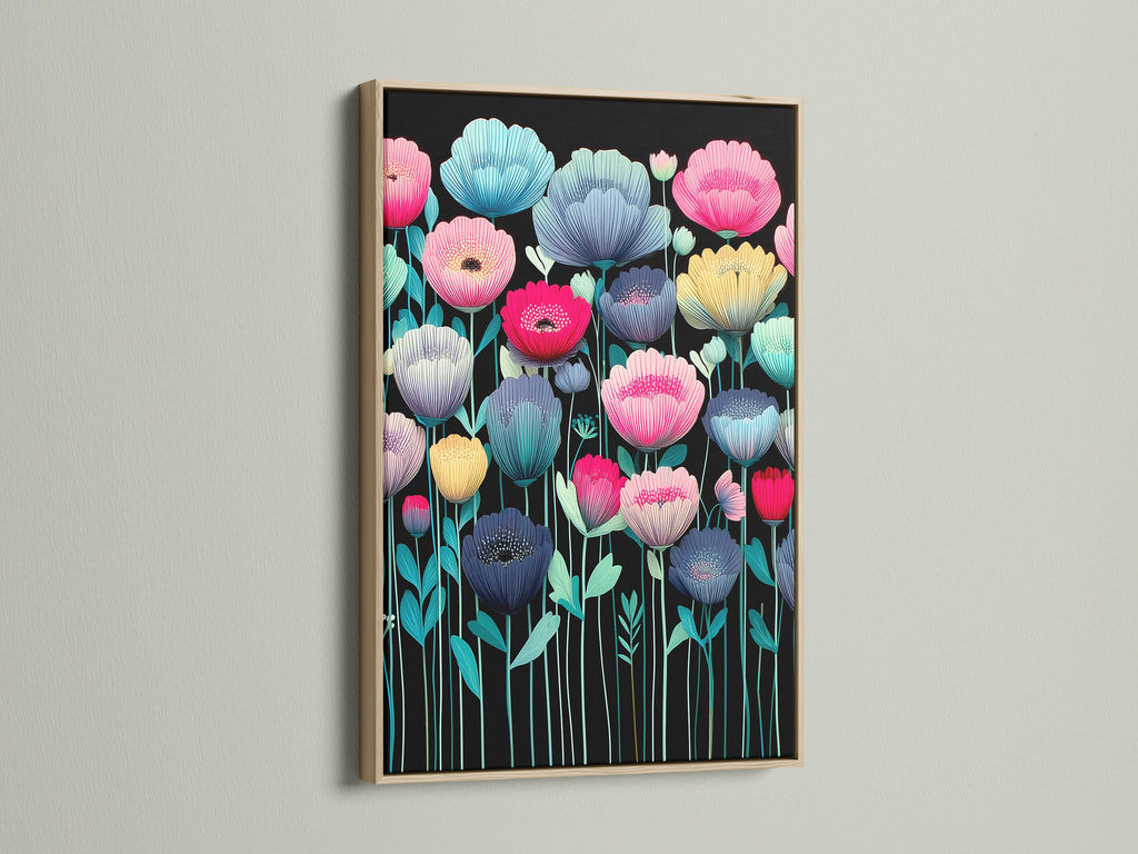 A colorful flower canvas is displayed in an oak frame. The modern botanical artwork features teal pink and yellow flowers. It is set against a black background. This vibrant art is ideal for bedroom decor or living room wall art. Flower prints make a bold statement. Enhance your space with this modern artwork.