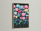 A colorful flower canvas is displayed in an oak frame. The modern botanical artwork features teal pink and yellow flowers. It is set against a black background. This vibrant art is ideal for bedroom decor or living room wall art. Flower prints make a bold statement. Enhance your space with this modern artwork.