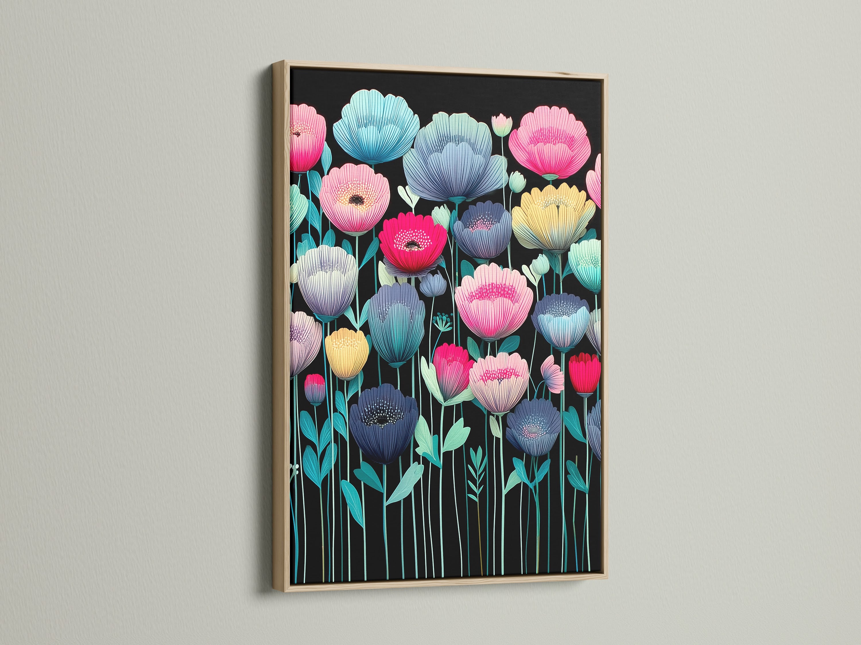 A colorful flower canvas is displayed in an oak frame. The modern botanical artwork features teal pink and yellow flowers. It is set against a black background. This vibrant art is ideal for bedroom decor or living room wall art. Flower prints make a bold statement. Enhance your space with this modern artwork.