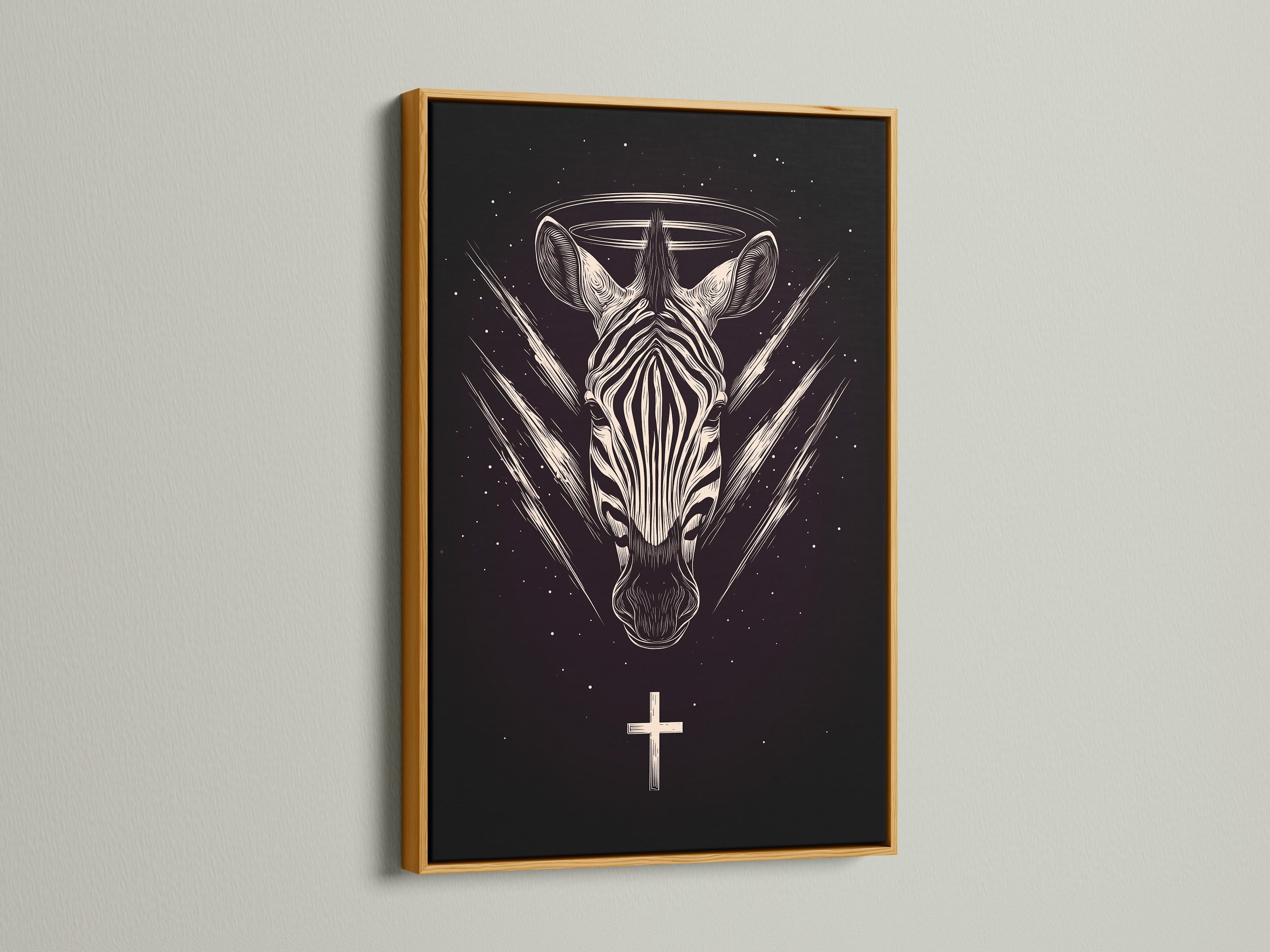 Zebra Celestial artwork with a gold frame. This gothic animal wall art features sacred geometry. The gold frame adds a touch of opulence. Enhance your bedroom wall art with this celestial print. A mystical animal art addition.