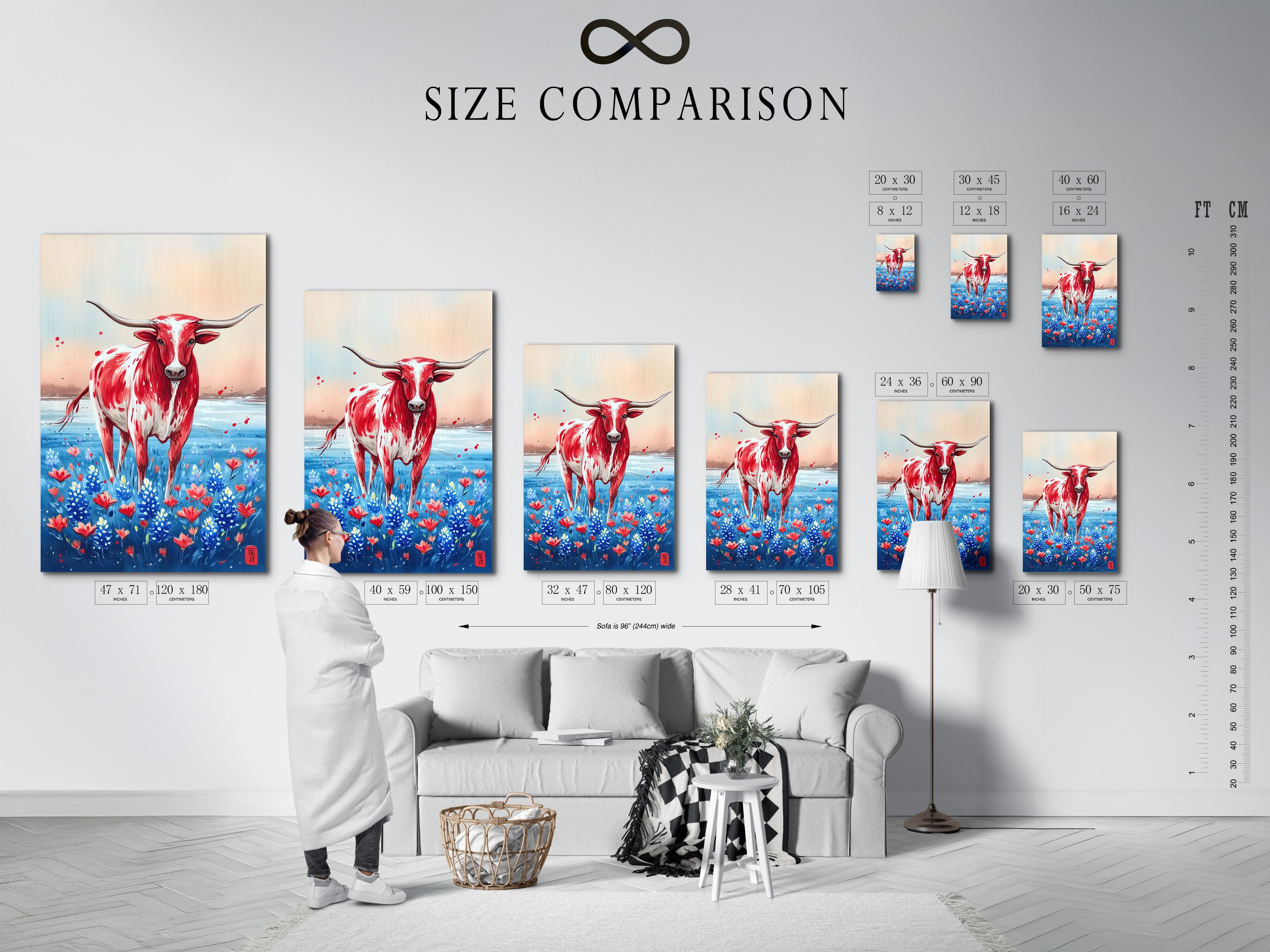 A size comparison chart featuring Texas Longhorn art displayed in an interior. See how different sizes of this western canvas art fit in various spaces. Visualize the perfect fit for your farmhouse wall decor. Choose the ideal size for your space.