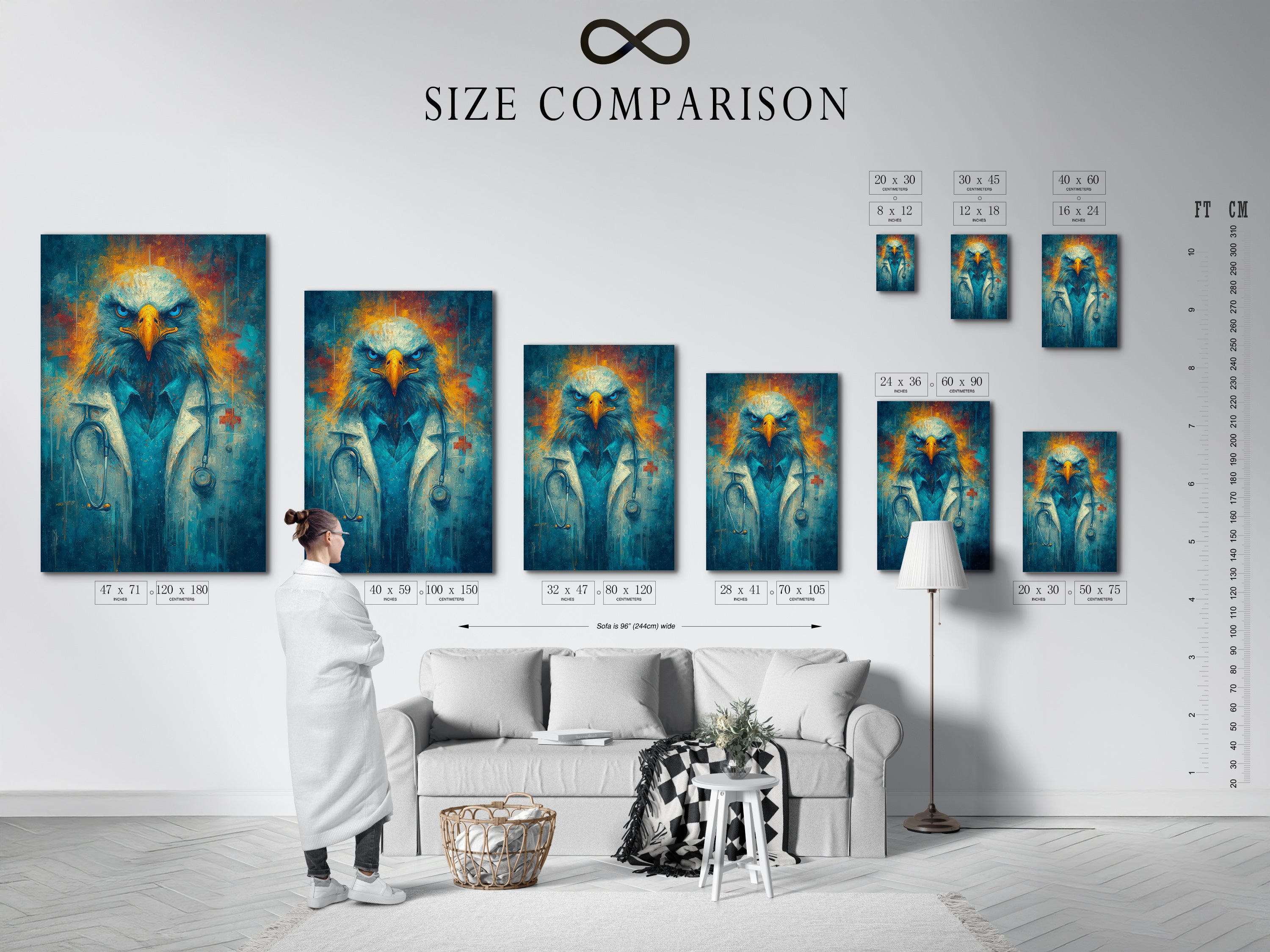 Size comparison chart of the Eagle Doctor artwork in an interior setting. This medical wall art is perfect for medical office decor. The animal portrait canvas is shown in various sizes. Its contemporary style makes it ideal for clinics and home offices. The blue and gold colors enhance any space.