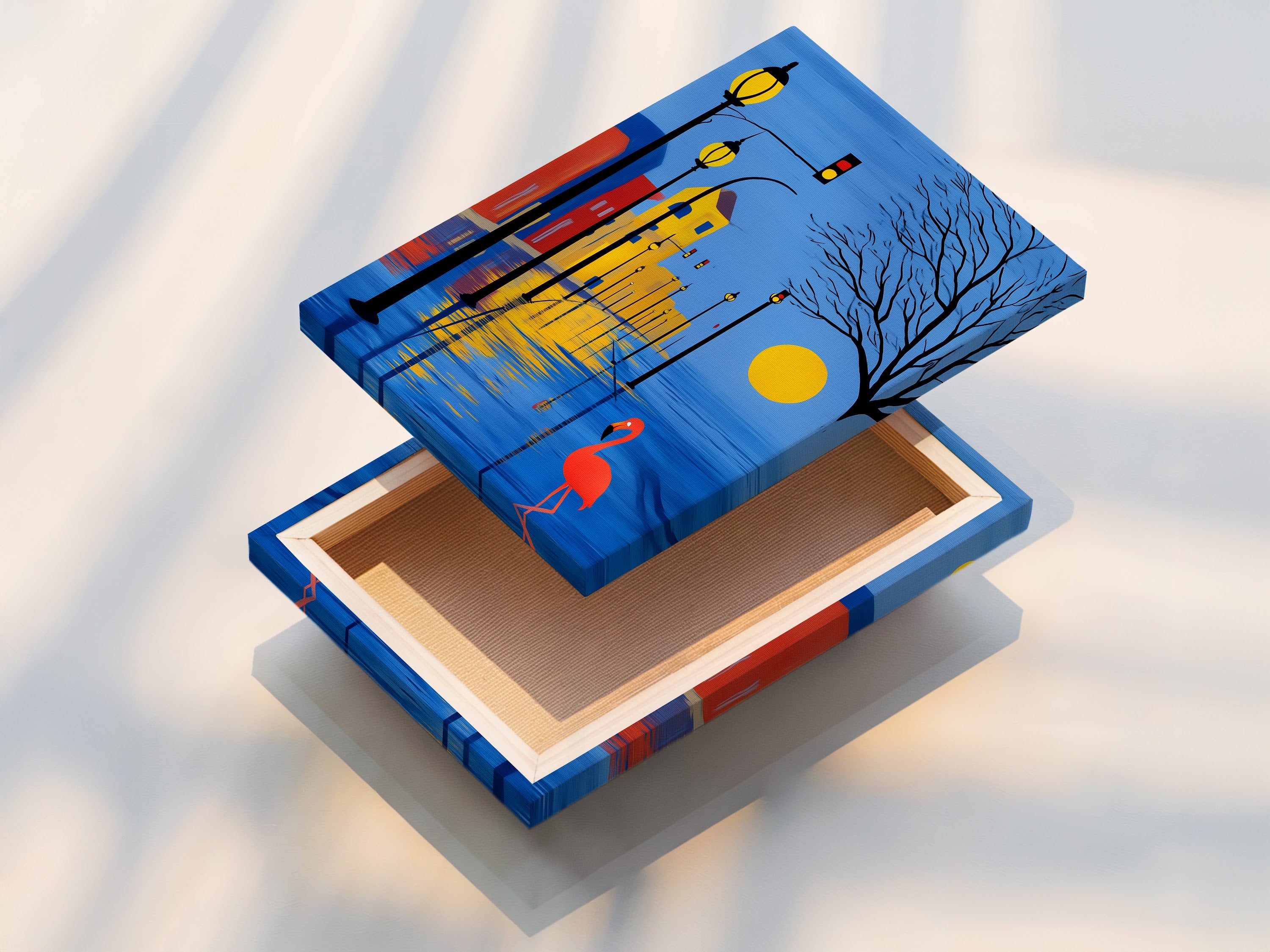 A beautifully stretched canvas print of a cityscape. Showcasing a flamingo with blue and yellow tones. Ready to hang this modern artwork is perfect for any home. Transform your living space with urban wall art today. Easy to install.