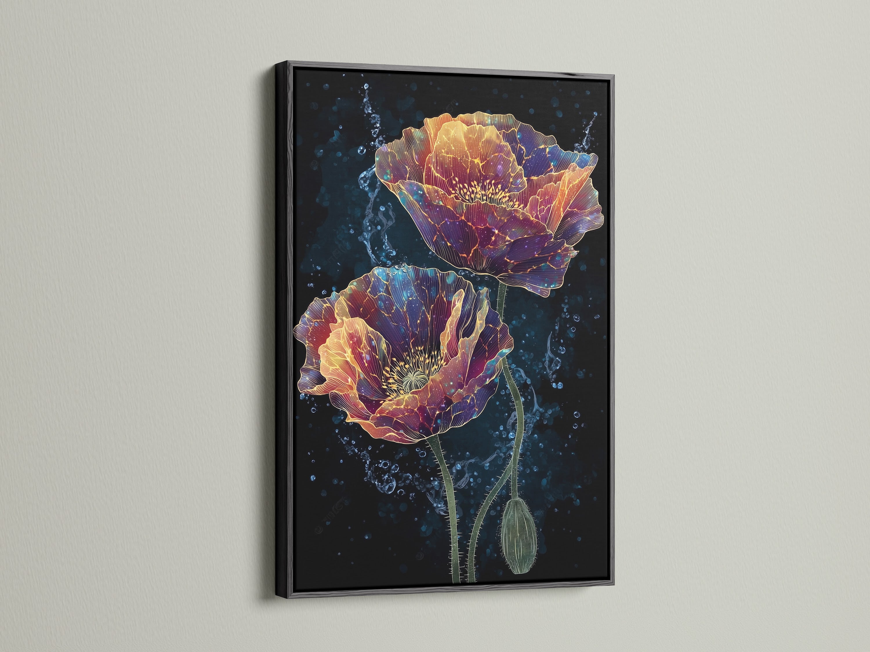 A striking floral poppy canvas artwork is showcased in a classic black frame. This dark academia wall art adds a dramatic touch to any interior. Ideal for those seeking moody decor or gothic wall art. Discover our flower art prints and transform your space with bold floral artwork.