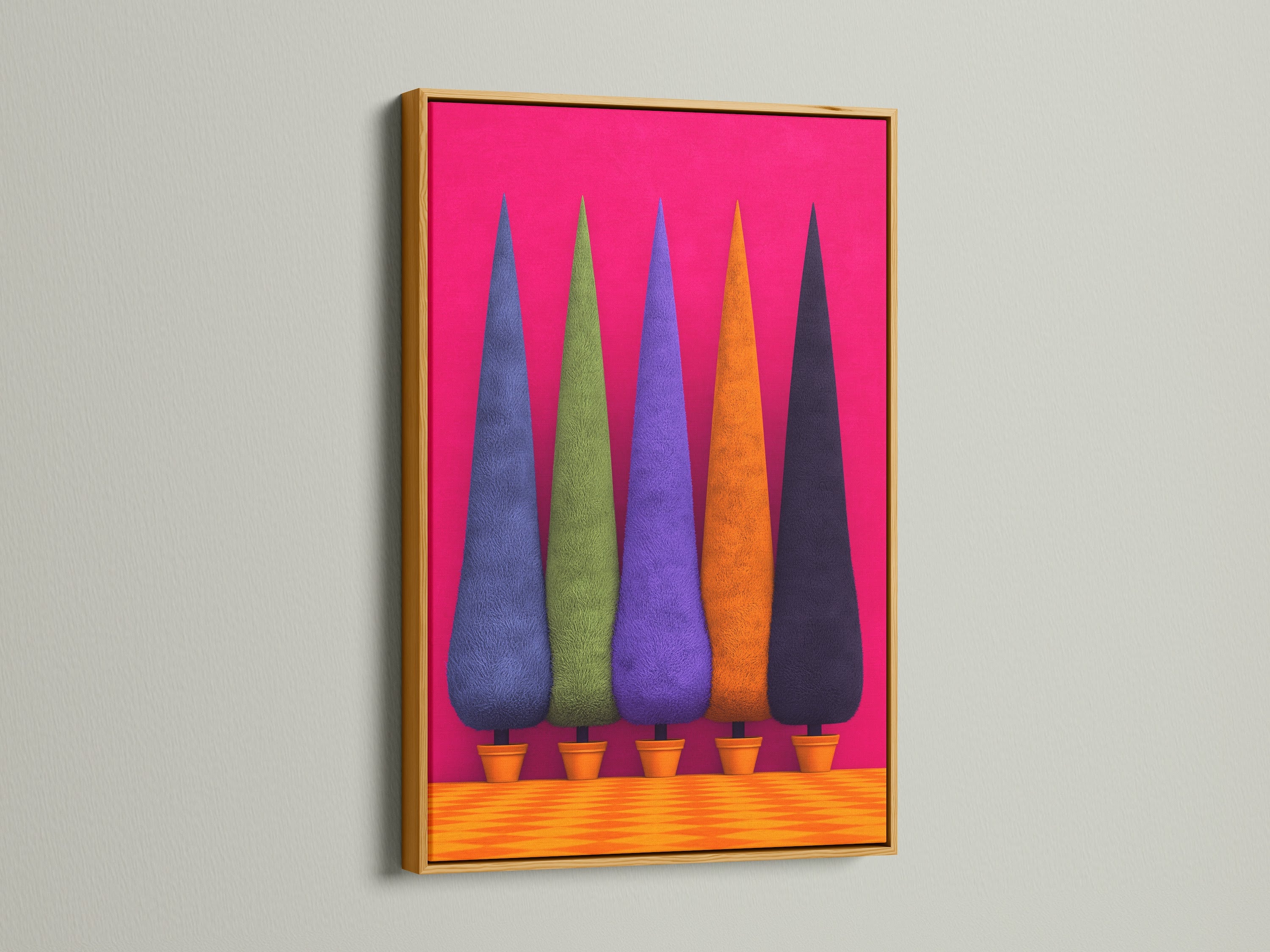 Cypress Tree artwork in a gold frame. This modern wall art features a colorful plant poster. Ideal for enhancing your home office decor. Add a touch of elegance with garden art.