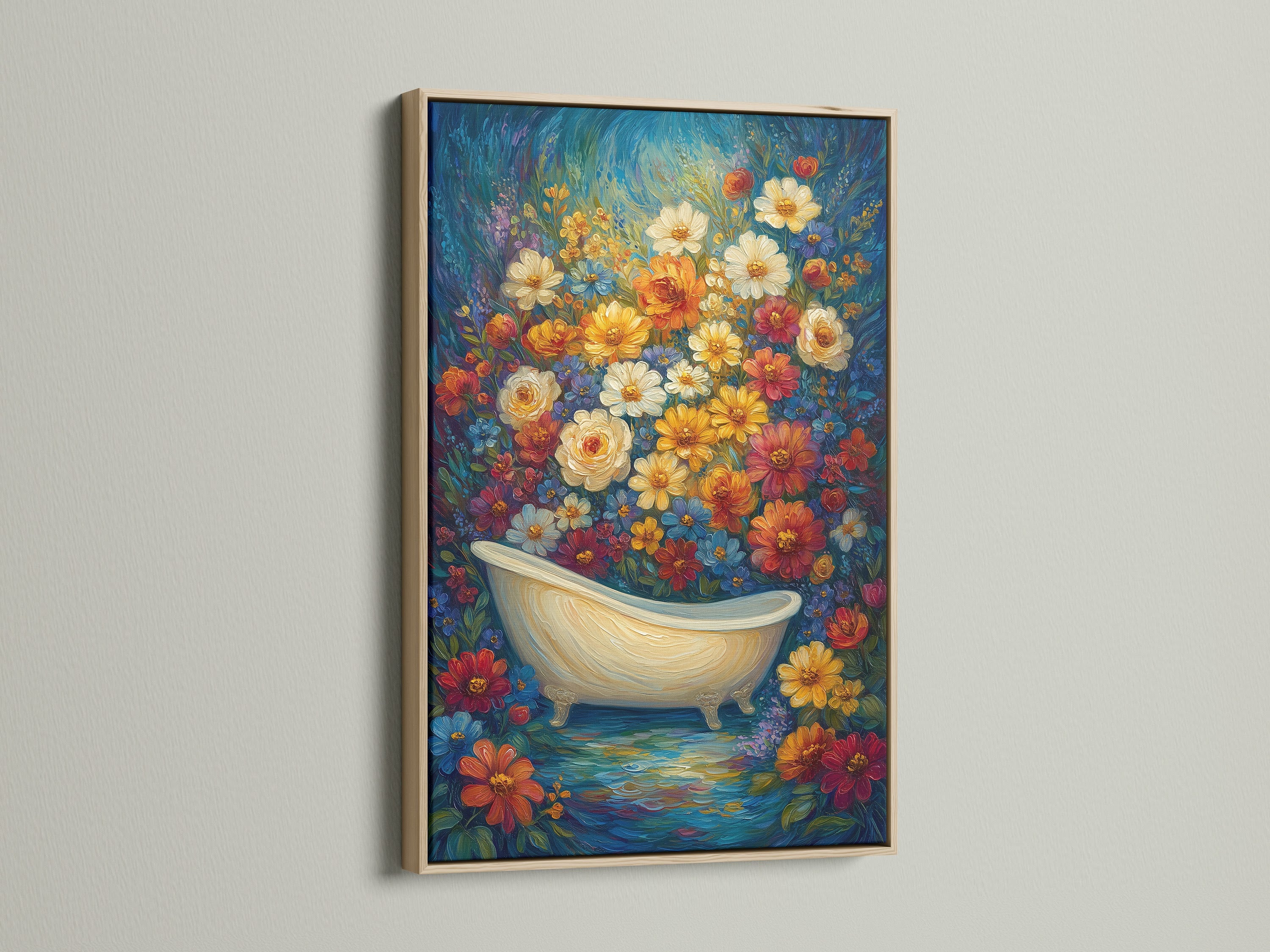 A captivating floral bathtub artwork is presented in an oak frame. The botanical bathroom wall art features a vintage clawfoot tub. The artwork adds a touch of floral elegance and vintage charm to any bathroom or relaxation space. It brings a bohemian and eclectic style. The primary color is blue. The secondary color is yellow.
