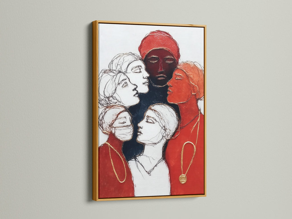 A gold frame highlights women empowerment art. The canvas print features diverse female portraits in red and black contemporary colors. This inspiring wall art adds a touch of elegance. Perfect for creative agencies and studios. Ideal for modern decor.