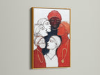 A gold frame highlights women empowerment art. The canvas print features diverse female portraits in red and black contemporary colors. This inspiring wall art adds a touch of elegance. Perfect for creative agencies and studios. Ideal for modern decor.